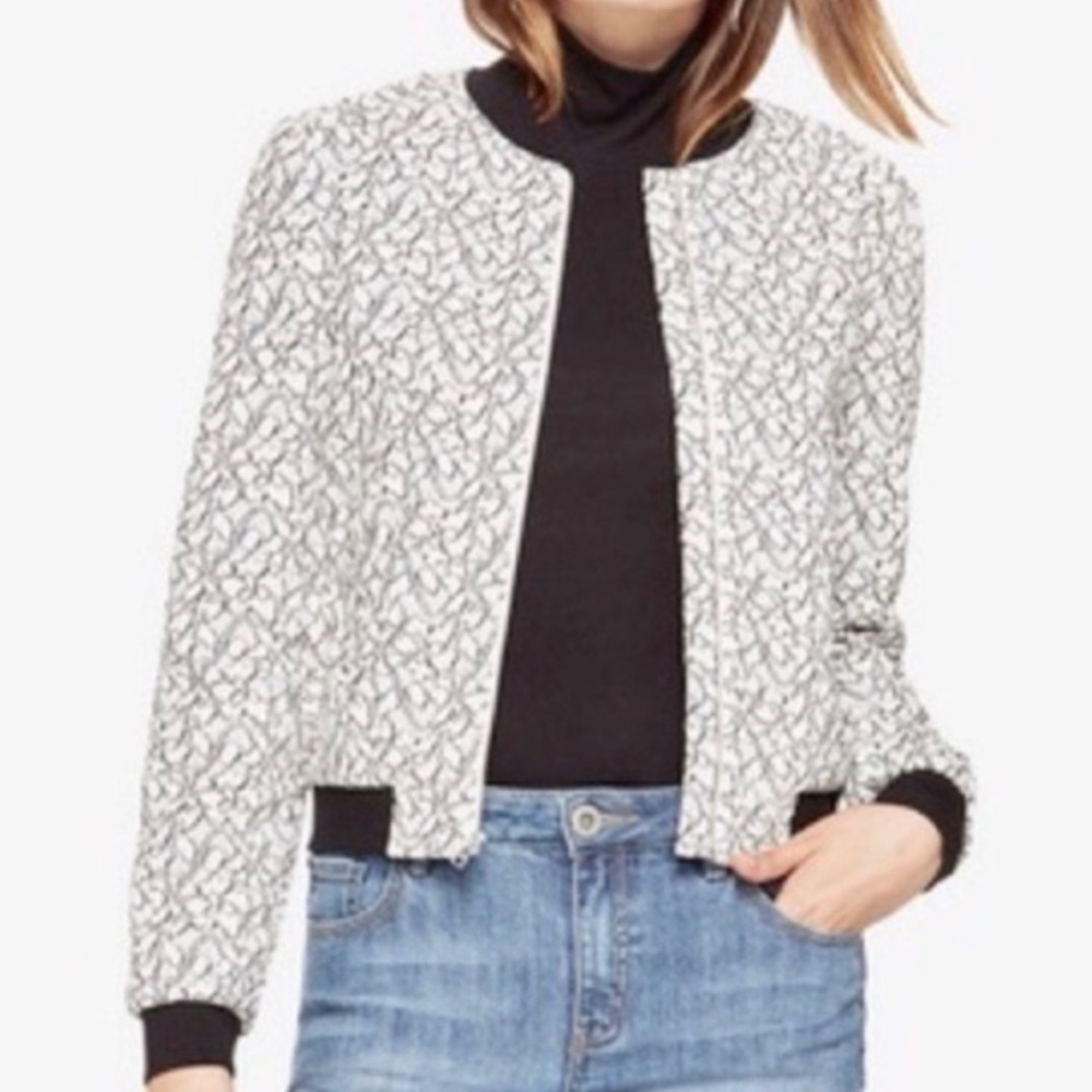 BCBG Max Azria Kenneth floral lace blue white floral crop bomber jacket - Picture 7 of 7